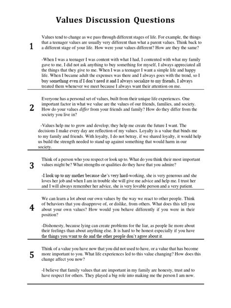 Image result for Values Discussion Questions PDF