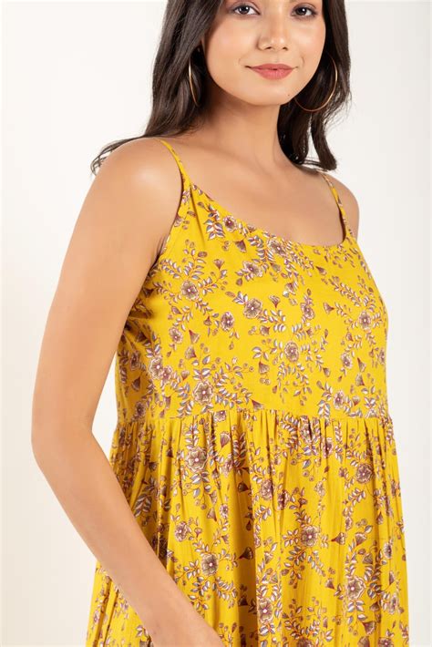 Yellow Floral Printed Gathered Dress – Ekohum