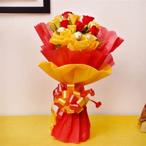 5 Red Roses, 5 Yellow Roses and 3 Pcs Ferrero Rocher Chocolate Bouquet ...