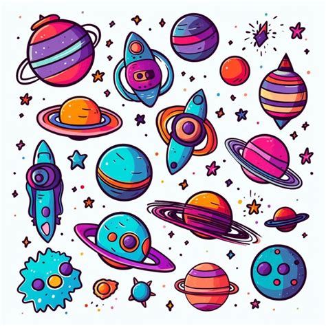 A set of cartoon planets and stars with a white background generative ...