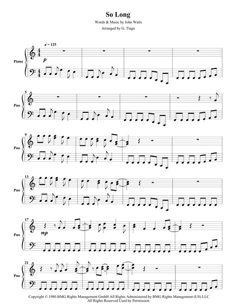So Long (arr. G. Tiago) by Fischer-Z Sheet Music for Piano Solo at Sheet Music Direct