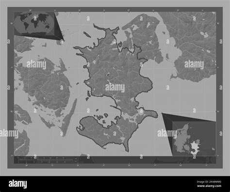 Sjlland, region of Denmark. Bilevel elevation map with lakes and rivers. Corner auxiliary ...
