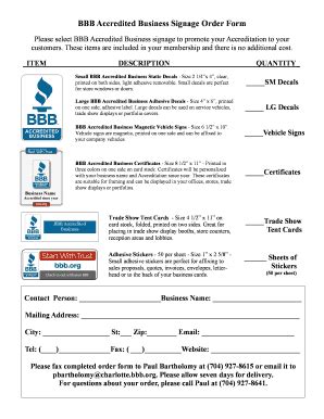 Fillable Online charlotte bbb BBB Accredited Business Signage Order ...