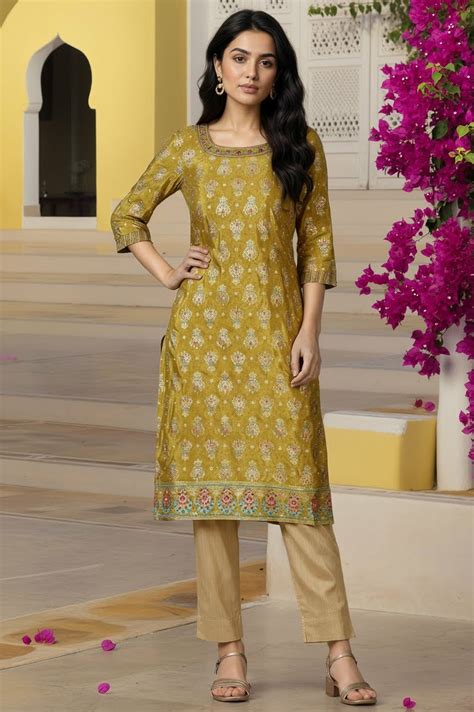 Buy Green Foil Printed Straight Kurta with Zari Embroidery Online for ...