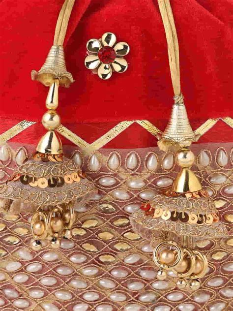 Viraasi Traditional Pearl Studded Red Potli for Women