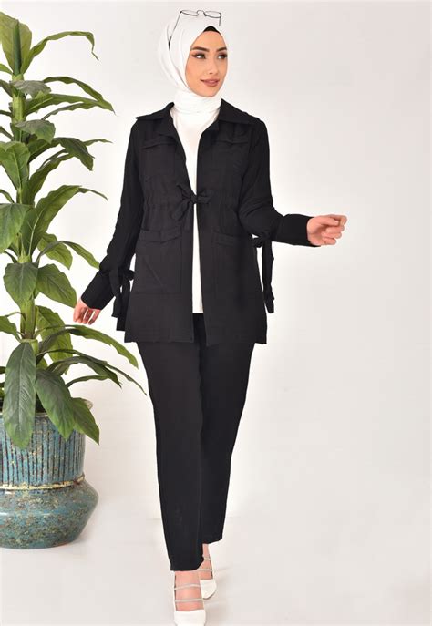 Lina Fabric Linen Look Three Piece Hijab Suit With Gathered Waist ...