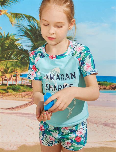 Snapklik.com : Girls Short Sleeve Rash Guard Set UPF 50+ Sun Protection ...