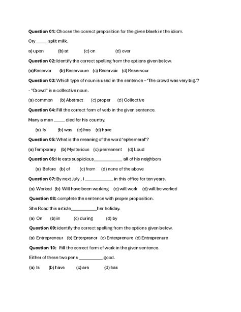 English GK Quiz: Prepositions, Spelling, and Nouns (9-12) - Studocu