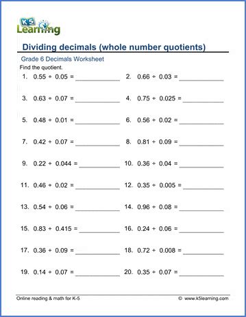 Grade 6 Division of Decimals Worksheets - free & printable| K5 Learning