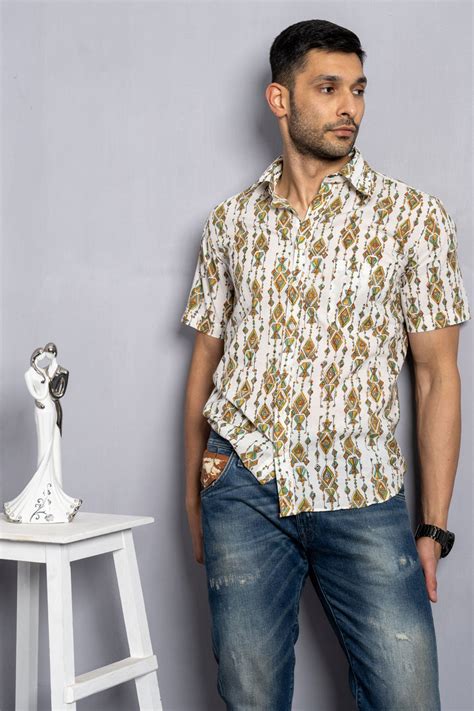 Off White Gujarati Kandeel Print Handblock Cotton Shirt | Style Matter ...