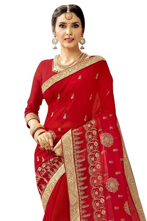 Buy Apple red Georgette saree online - Karagiri