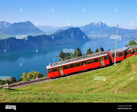 Cogwheel railway up the Rigi, behind Lake Lucerne with Bürgenstock ...