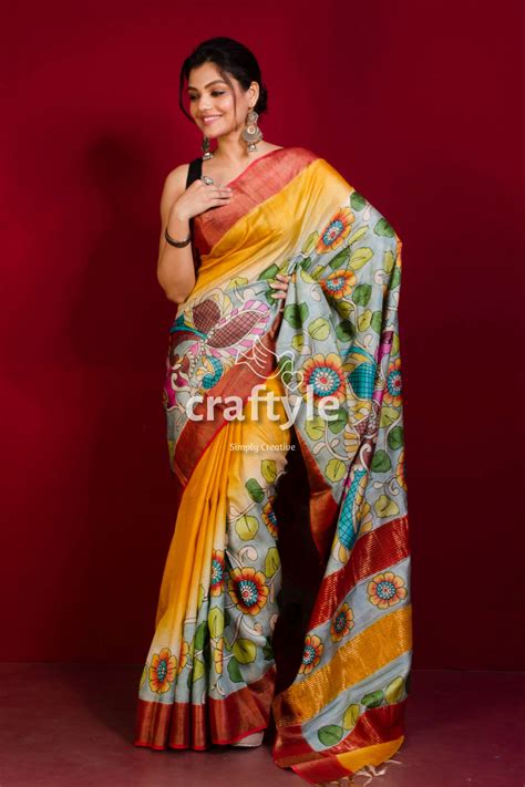 Hand Painted Pure Tussar Kalamkari Saree - Yellow Orange with Zari ...