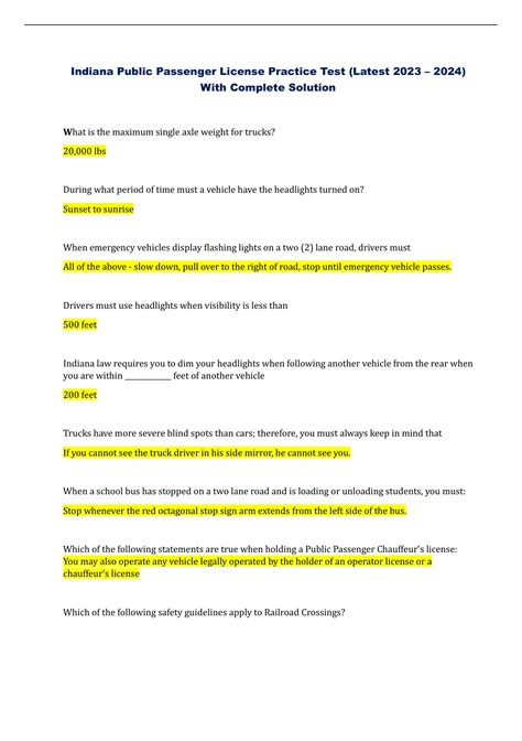 Indiana Public Passenger License Practice Test (Latest 2023 – 2024) With Complete Solution ...