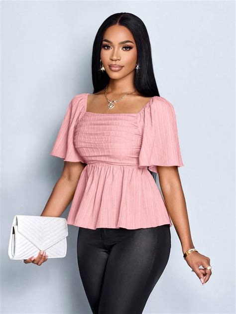 SOLERSUN Frenchy Solid Color Square Neck Butterfly Sleeve Ruched Ruffle ...