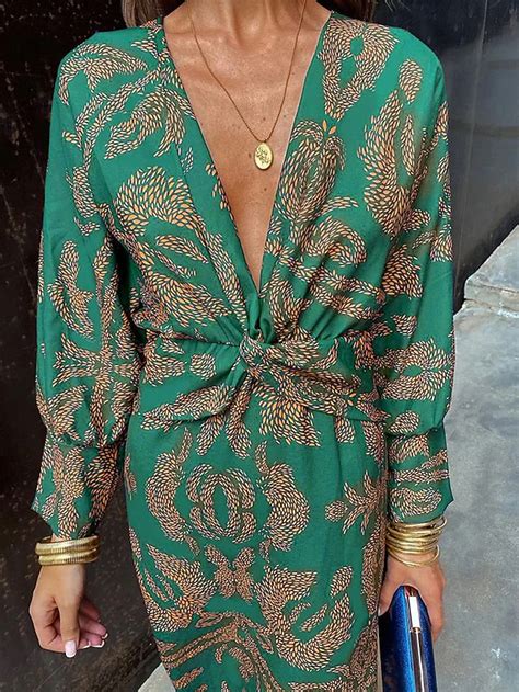 Women's Graphic Print V Neck Maxi Dress Long Sleeve Spring Fall 2026 ...