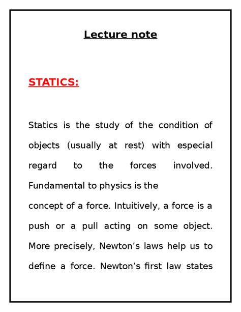 Lecture note on Static - Lecture note STATICS: Statics is the study of ...