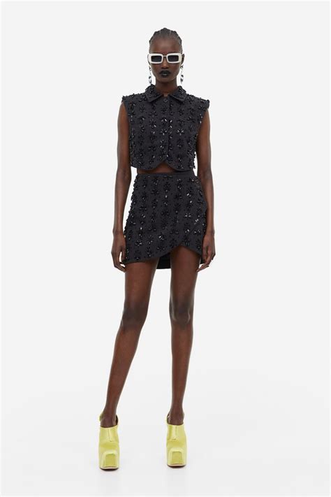 Beaded twill wrap skirt - Black - Ladies | H&M IN