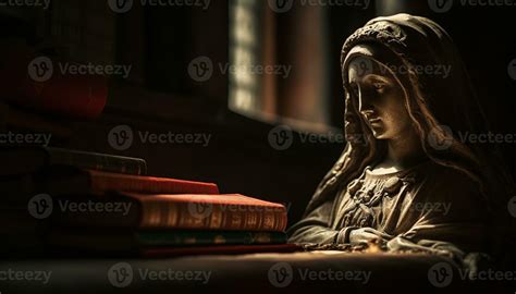 Reading religious text in old library, learning ancient wisdom indoors ...