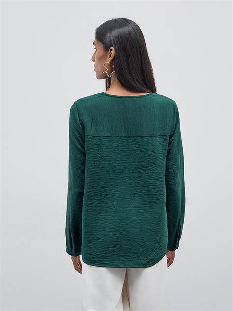 Buy Wardrobe Dark Green Crinkle-Textured Top from Westside