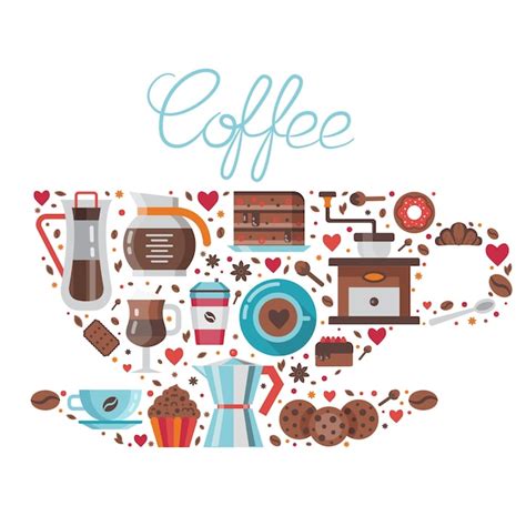 Coffee and pastry in cup shape with lettering | Premium Vector