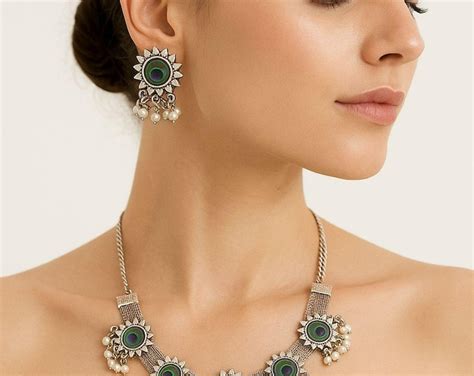 Peacock Feather Oxidized Choker Set | Statement Set | Statement Jewelry ...
