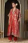 Buy Red Brocade, Silk Mirrors V-neck Floral Banarasi Kaftan And Pant ...