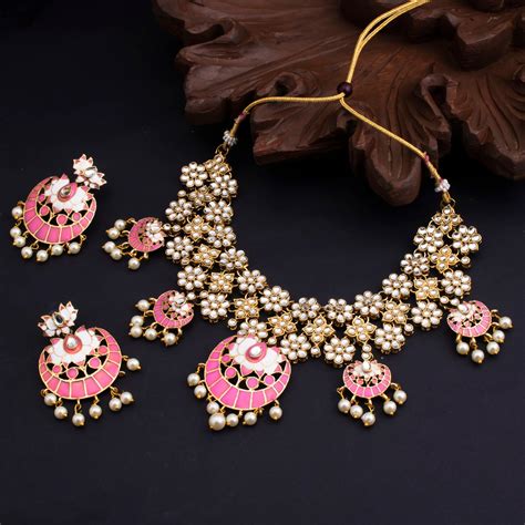 Sukkhi Designer Kundan Gold Plated Meenakari Pearl Choker Necklace Set ...