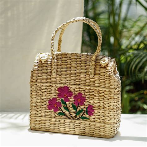 Buy Handcrafted Natural Water Reed Embroidered Shopping Bag Online at ...