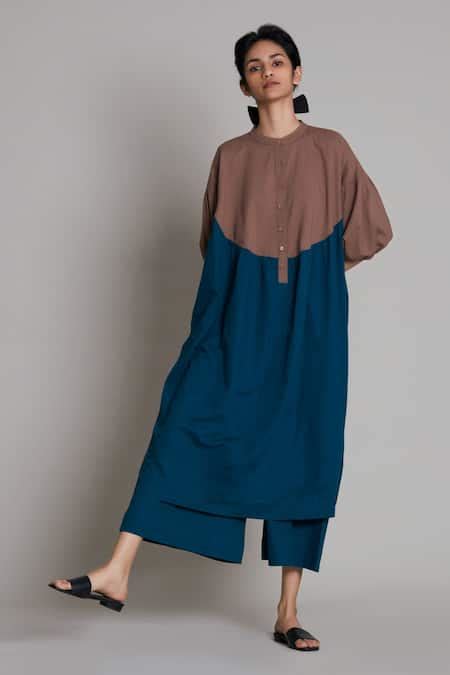 Buy Beige Cotton Mandarin Collar Acra Colorblock Tunic For Women by ...