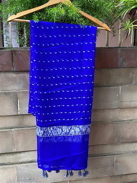 Pure Georgette Dupatta - blue silver zari — The Handlooms