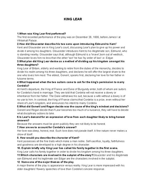 KING LEAR Notes - KING LEAR 1 was King Lear first performed? The first ...