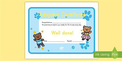Adopt a Reading Teddy Bear Certificate