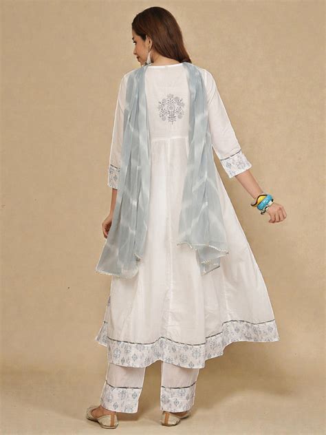 Miramaar Women's White Cotton Schiffli Anarkali Kurta Set with Dupatta ...