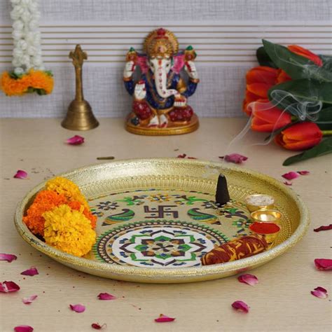 WEBELKART Premium Gold Meenakari Pooja thali Set Stainless Steel Price ...