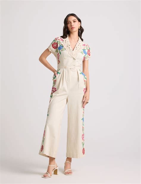 Buy - Florens ivory floral applique and beadwork jumpsuit | Elan Store