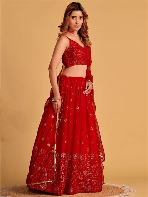 Red Embroidered Georgette Lehenga Choli for your Engagement