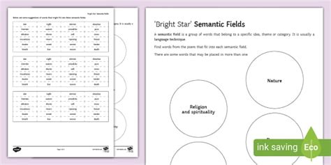 Editable Semantic Field Worksheet on 'Bright Star' by John Keats