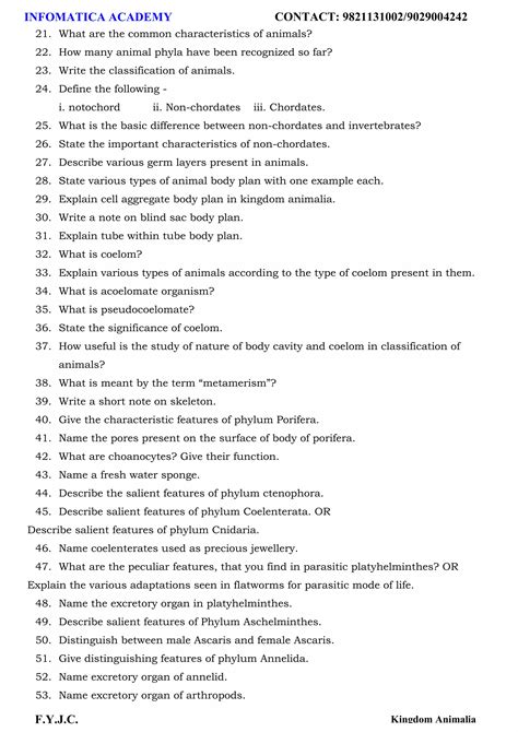 Class 11 Important Questions for Biology - Kingdom Animalia | PDF