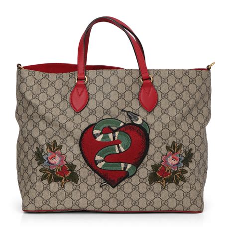 Beige GG Coated Canvas Supreme Embroidered Heart Snake Tote One Size ...