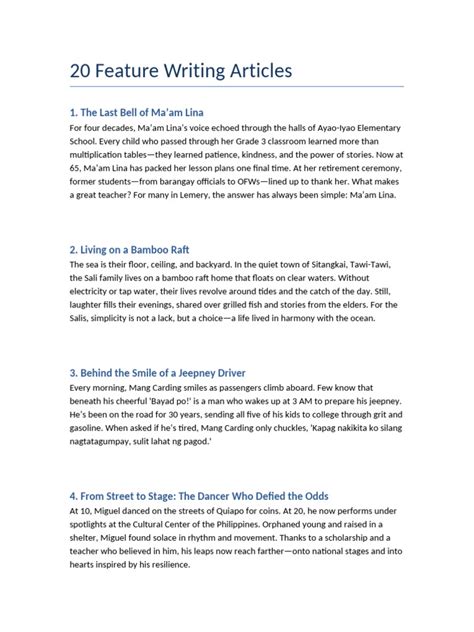 Image result for Feature Writing Article Example