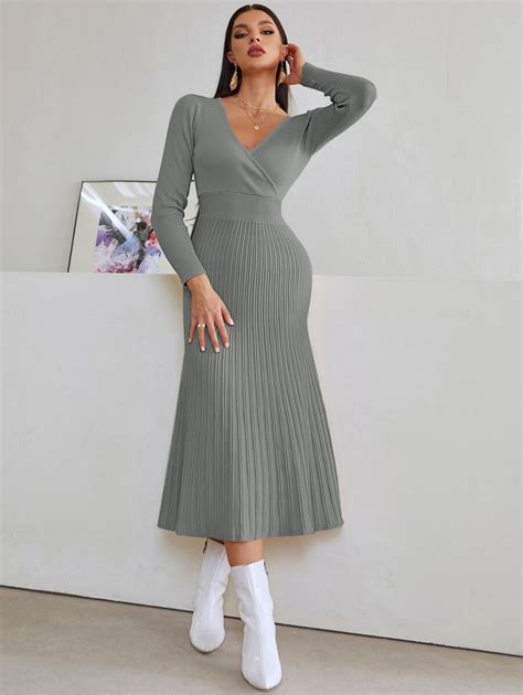 Modelyn Surplice Neck Ribbed Knit Sweater Dress | SHEIN USA