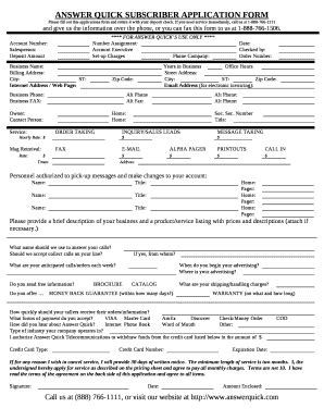 ANSWER QUICK SUBSCRIBER APPLICATION Doc Template | pdfFiller