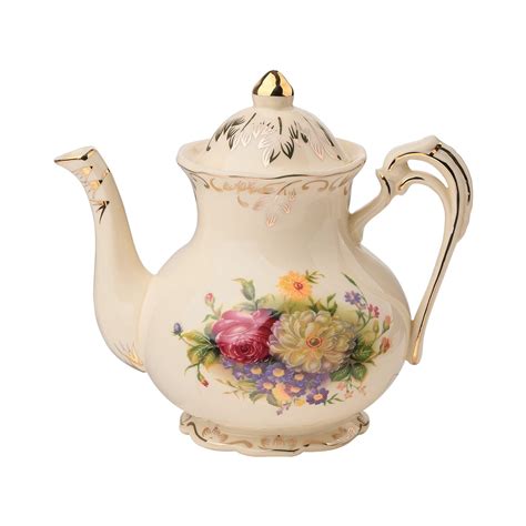 YOLIFE Flowering Shrubs Ceramic Tea Pot, Ivory Vintage Floral Teapot ...