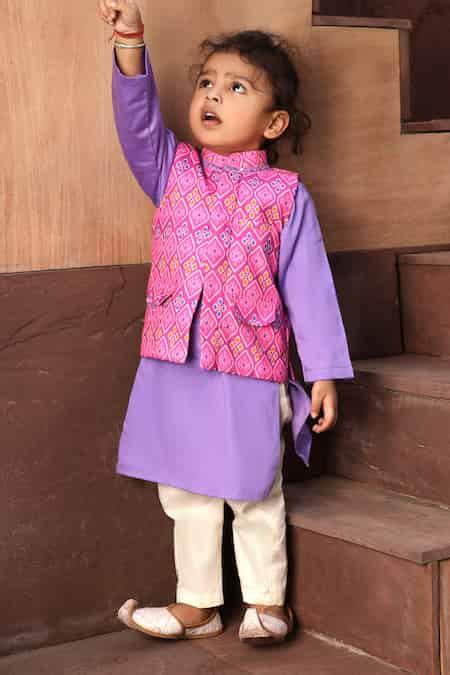 Buy Pink Cotton Embroidery Patola Print Kurta Set With Nehru Jacket For ...