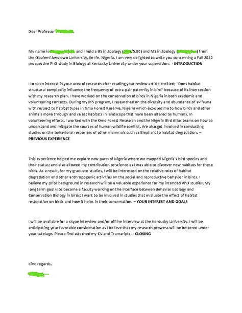 PhD Application Email - Biology (Fall 2020) - Olayemi Ajayi - Studocu