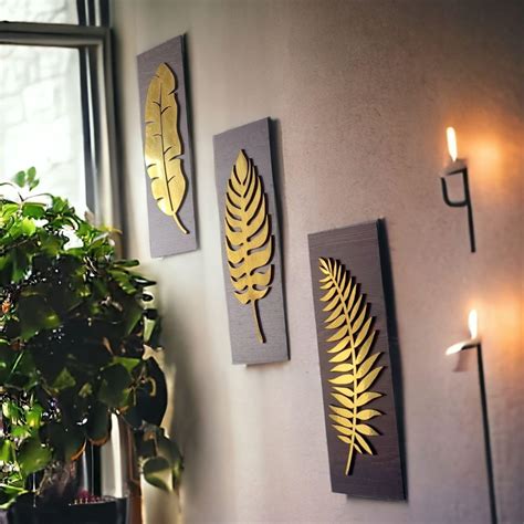 HUMIKART Wooden and Gold Themed Leaf' MDF Wood Wall Art Bundle - Set of ...