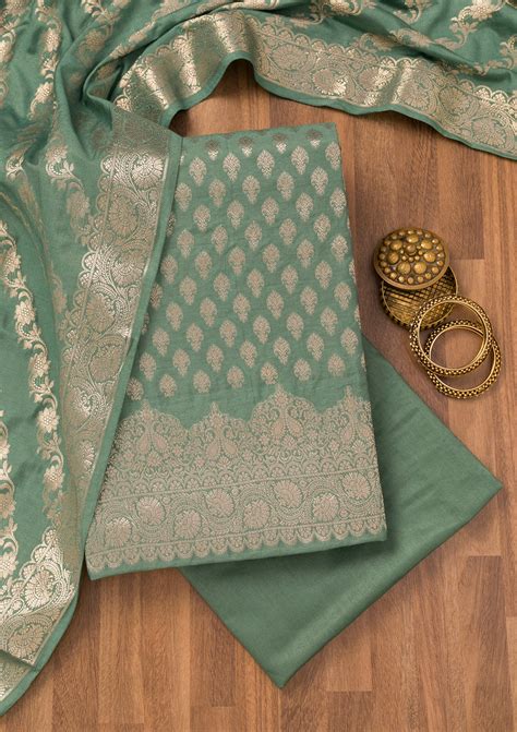 Buy Sea Green Zariwork Banarasi Unstitched Salwar Suit - Koskii