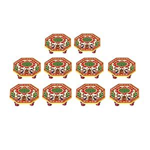 Handicrafts Paradise Marble Octagonal Puja Chowki Painted with Peacock ...