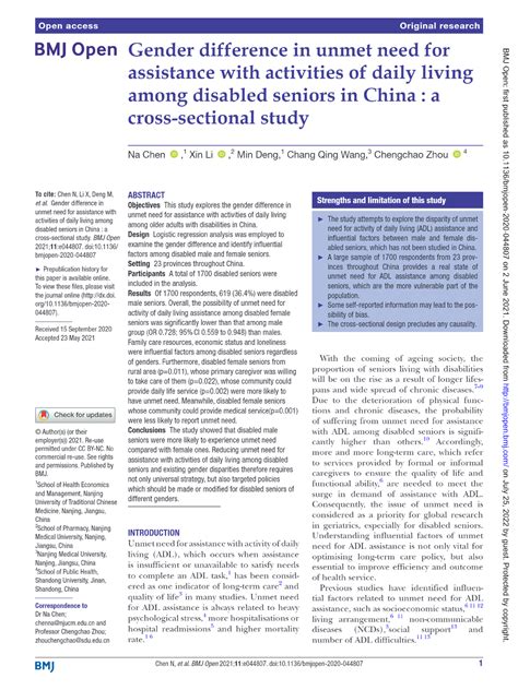 Diferencias de genero en necesidades desatendidas de ADL en China ...